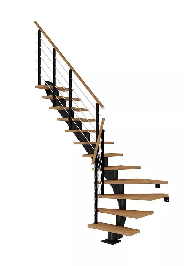 modularno stepenište HAMBURG s crnom metalnom konstrukcijom i dizajnerskom ogradom, moderni stil s drvenim gazištima