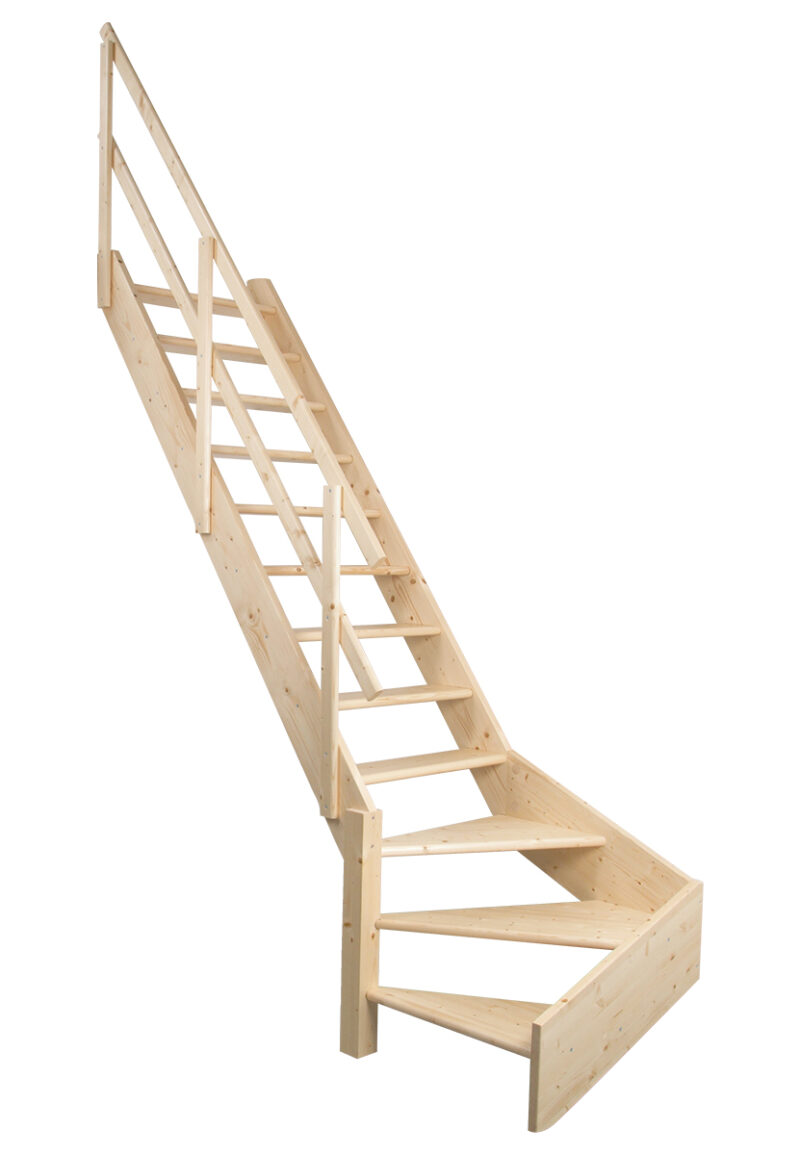 NORMANDIE – praktične drvene stepenice s kutnim donjim dijelom i jednostavnom drvenom ogradom drvene stepenice NORMANDIE s okretnim donjim stepenicama i sigurnosnom ogradom na bijeloj pozadini