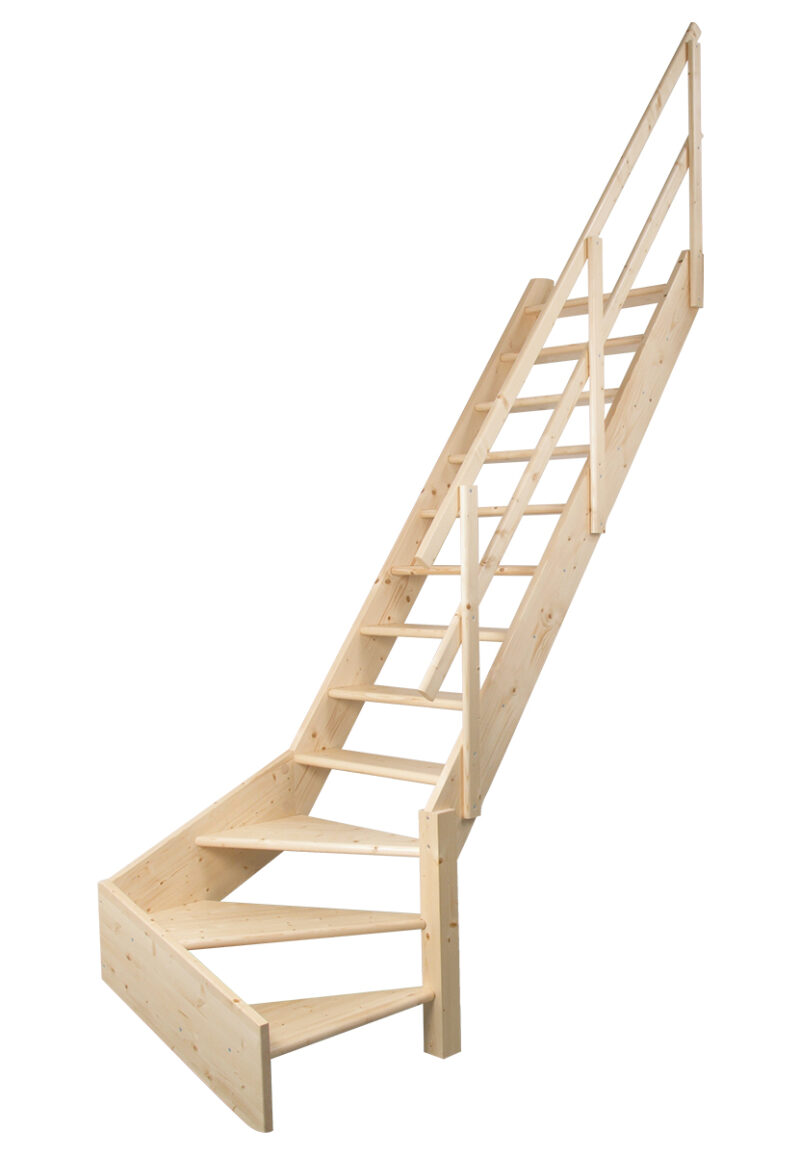 NORMANDIE – praktične drvene stepenice s kutnim donjim dijelom i jednostavnom drvenom ogradom drvene stepenice NORMANDIE s okretnim donjim stepenicama i sigurnosnom ogradom na bijeloj pozadini