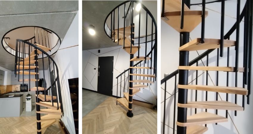Spiralne stepenice – elegantna veza između katova u kompaktnom prostoru unutarnje spiralno stubište s drvenim gazištima i crnom centralnom konstrukcijom montirano u kružnom otvoru stropa