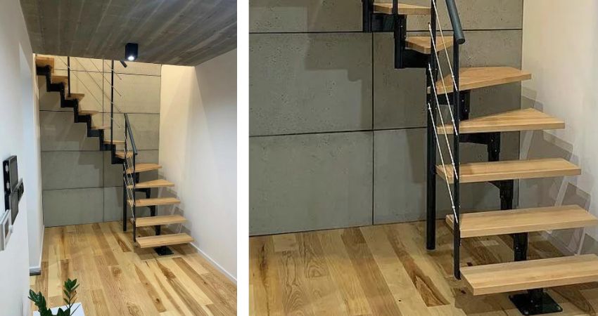 BOSTON stubište – snažan industrijski dojam u modernom interijeru unutarnje stubište BOSTON s drvenim gazištima, crnom metalnom konstrukcijom i sajlama kao ispuna ograde