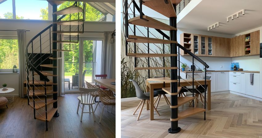 Spiralne stepenice – funkcionalno rješenje za kompaktne i svijetle interijere spiralno stubište s drvenim gazištima i crnom središnjom konstrukcijom u modernom dnevnom boravku i kuhinji s prirodnim svjetlom