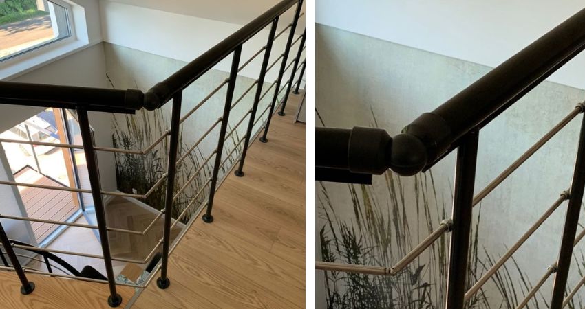 PROVA unutarnja ograda – sigurnost i stil u svakom detalju unutarnja stubišna ograda s crnim rukohvatom i vodoravnim metalnim šipkama montirana na drvenom podu