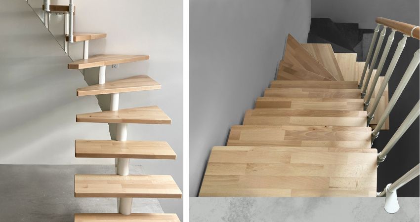 Pametno stubišno rješenje – maksimalna funkcionalnost na minimalnoj površini kompaktno stubište s bijelom središnjom konstrukcijom i svijetlim drvenim gazištima u uskom unutarnjem prostoru