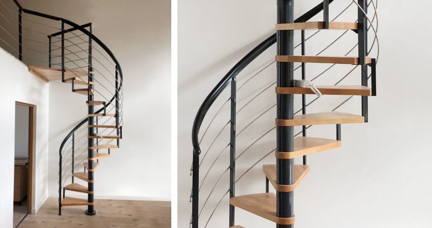 Elegantno spiralno stubište – sklad funkcionalnosti i modernog dizajna spiralno unutarnje stubište s drvenim gazištima, crnom metalnom konstrukcijom i bočnim ispunama od čeličnih sajli