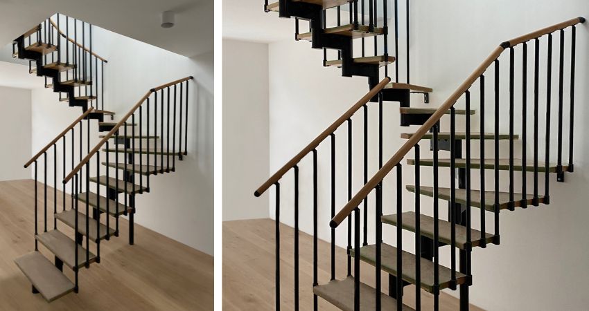 Kompaktno rješenje – kutno stubište za funkcionalnu povezanost etaža kutno stubište s drvenim gazištima, crnom metalnom konstrukcijom i vertikalnim šipkama u jednostavnom interijeru s drvenim podom