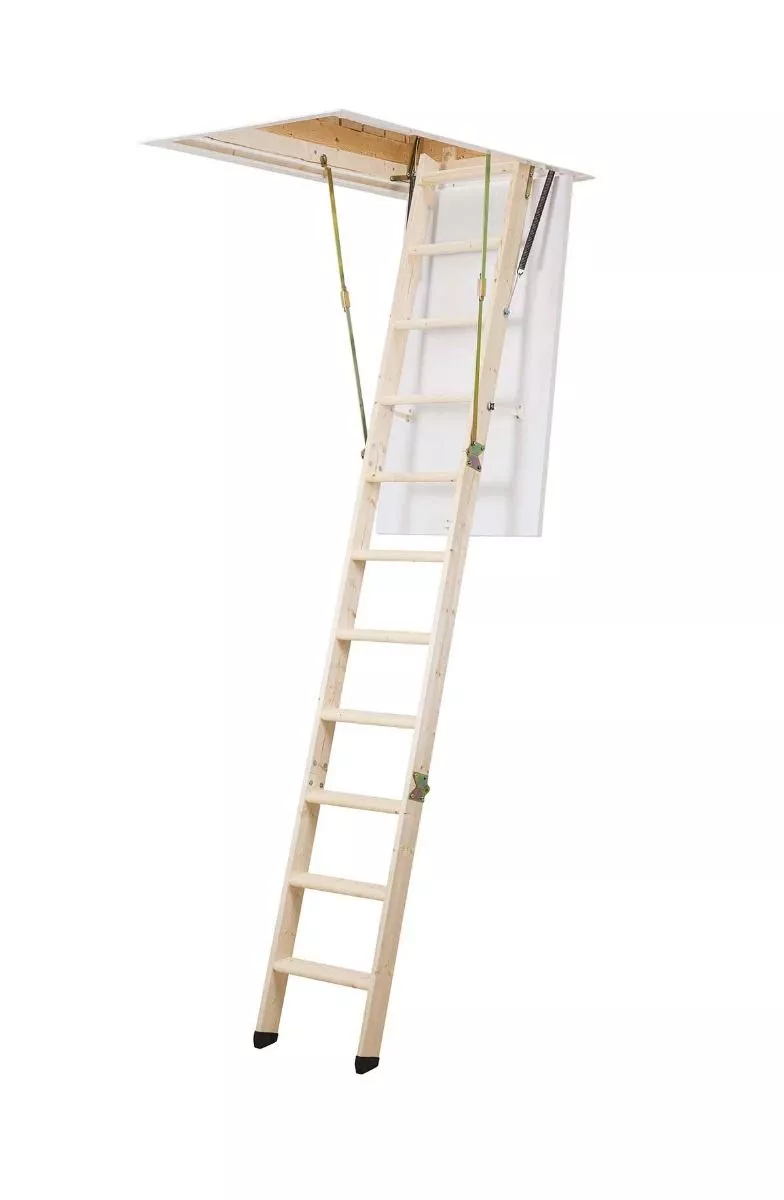 Potkrovne stepenice DOLLE ClickFIX® 36G, model 1, s drvenim gazištima i jednostavnim sustavom za otvaranje.