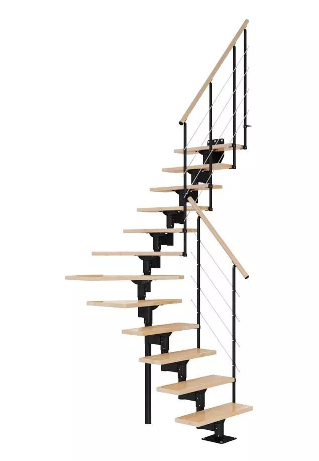 Modularne stepenice BOSTON četvrtasti zakret – crna konstrukcija i bukova gazišta modularne stepenice boston četvrtastog zakreta s crnom konstrukcijom i bukovim gazištima, sajlasta ograda