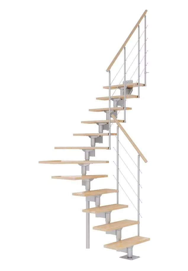 Modularne stepenice BOSTON četvrtasti zakret – perla siva konstrukcija i bukova gazišta modularne stepenice boston četvrtastog zakreta s perla sivom konstrukcijom i bukovim gazištima, sajlasta ograda