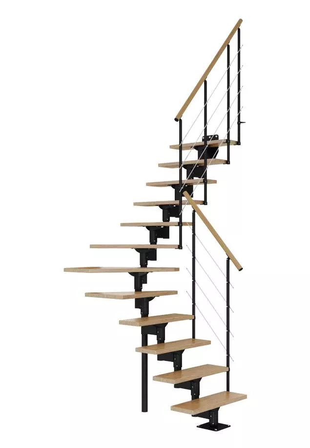 Modularne stepenice BOSTON – hrast i crna konstrukcija u elegantnom zakretu modularne stepenice boston s crnom konstrukcijom i hrastovim gazištima s kvartar zavojem i čeličnom sajlom u ulozi ograde