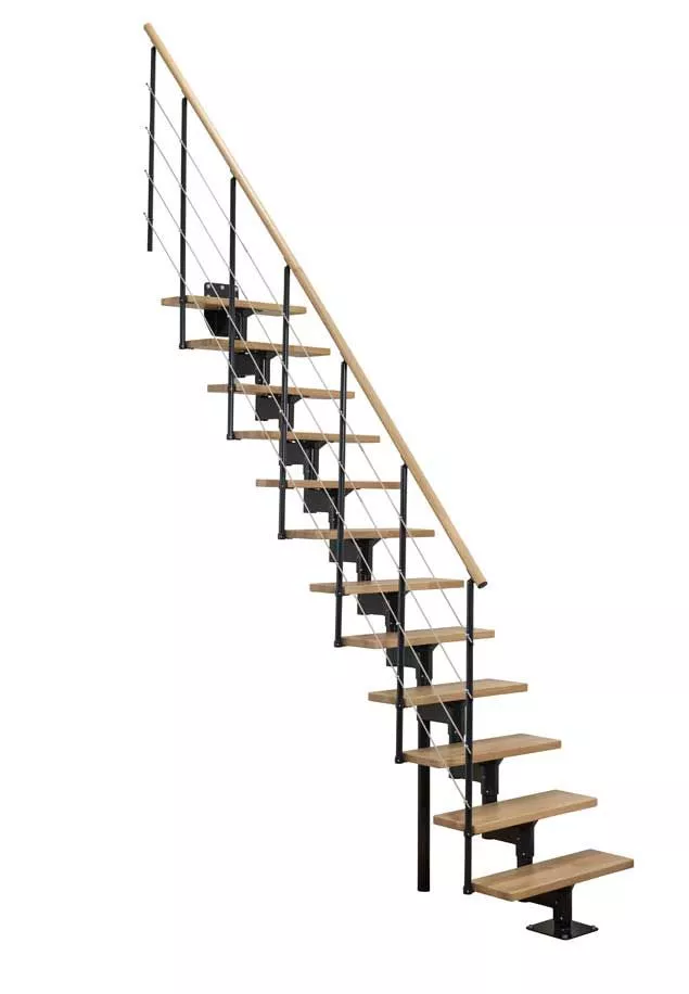 Modularne stepenice BOSTON ravne – antracit konstrukcija i hrastova gazišta modularne stepenice boston ravne s antracit konstrukcijom, hrastovim gazištima i čeličnom sajlom kao ogradom