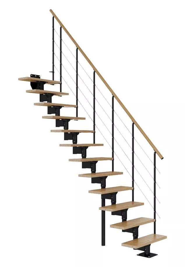 Modularne stepenice BOSTON ravne – crna elegancija s hrastovim detaljima modularne stepenice boston ravne s crnom konstrukcijom, hrastovim gazištima i čeličnom sajlom kao ogradom