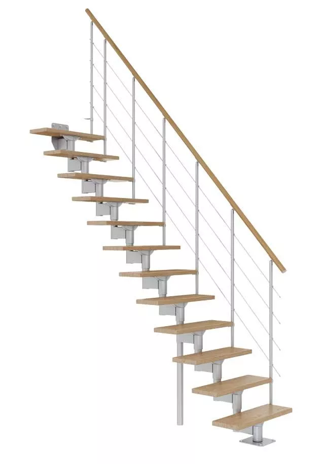 Modularne stepenice BOSTON ravne – perla siva konstrukcija i hrastovi detalji modularne stepenice boston ravne s perla sivom konstrukcijom, hrastovim gazištima i čeličnom sajlom kao ogradom