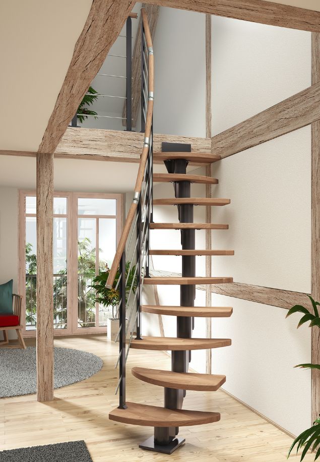 modularne stepenice berlin s tamnim drvenim gazištima i crnim centralnim stupom u rustikalnom interijeru s drvenim gredama