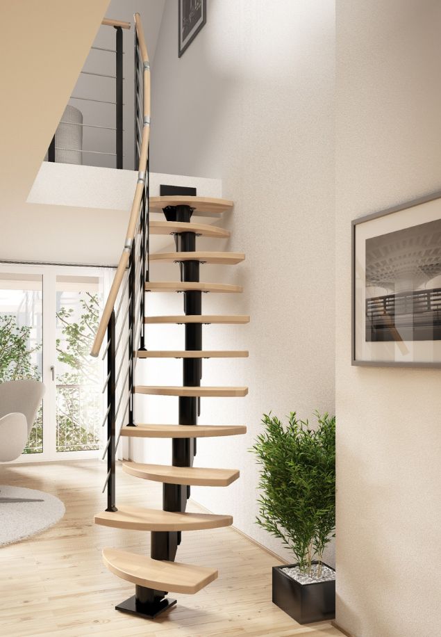 modularne stepenice berlin u zakrivljenoj varijanti s gazištima od bukve i crnom konstrukcijom s ogradom shape 6