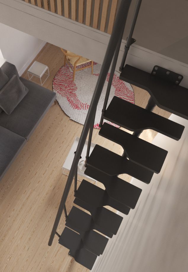 pogled odozgo na crne stepenice ATLANTA u modernom interijeru s galerijom