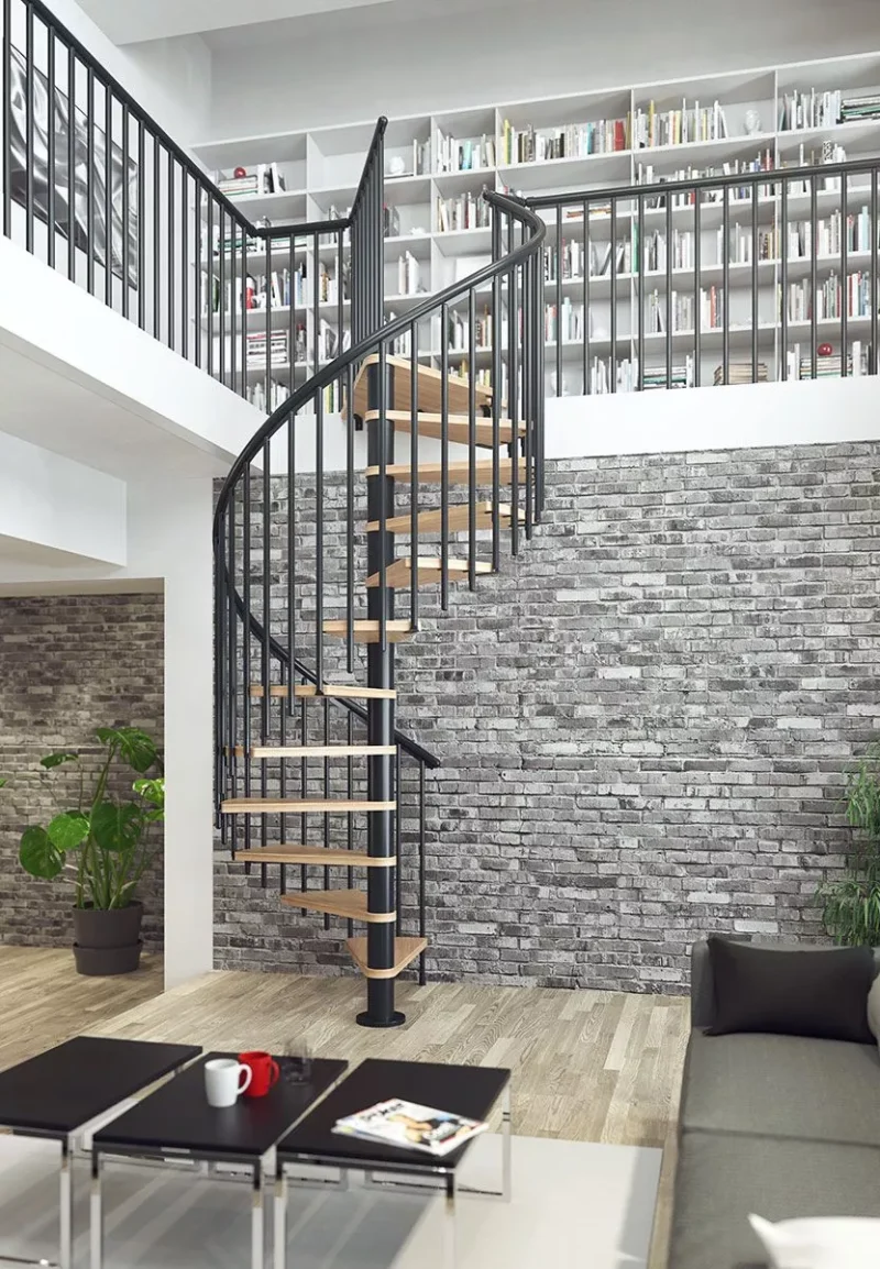 završna ograda i spiralne stubište MONTREAL u bijeloj boji s drvenim stepenicama i okomitim šipkama