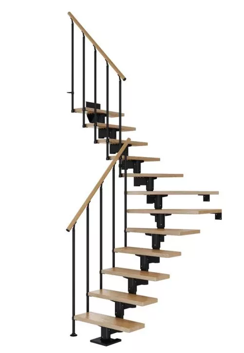 CORK – moderno stubište sa zakretom za dinamične interijere cork stubište s crnom čeličnom konstrukcijom i svijetlim drvenim gazištima, izvedeno s dvostrukim zaokretom