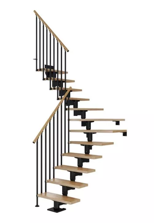 CORK – elegantno stubište s dvostrukim zaokretom za maksimalnu funkcionalnost CORK stubište s crnom čeličnom konstrukcijom i bukovim gazištima, s dvostrukim zaokretom i drvenim rukohvatom