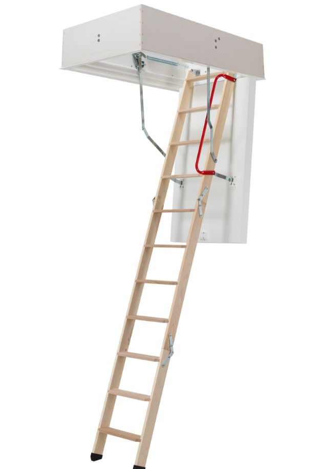 Tavanske stepenice ClickFIX® 76 GOLD s drvenim gazištima i crvenim rukohvatom. Tavanske stepenice ClickFIX® 76 GOLD s drvenim gazištima i crvenim rukohvatom za veću sigurnost.