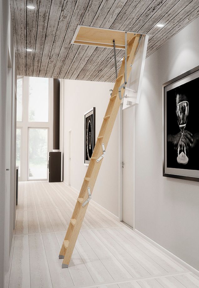 Tavanske stepenice ClickFIX® 36 GOLD MINI s drvenim gazištima i mehanizmom za otvaranje. Tavanske stepenice ClickFIX® 36 GOLD MINI u punoj funkciji, s drvenim gazištima i mehanizmom za otvaranje.