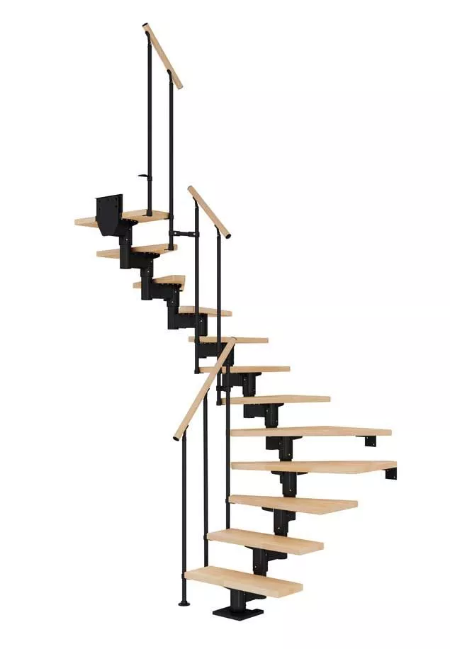 CORK stepenice u L-obliku – bukva i crna izvedba s ogradom CLASSIC II stepenice CORK u L-obliku s crnom čeličnom konstrukcijom, bukovim gazištima i klasičnom ogradom CLASSIC II s okomitim šipkama