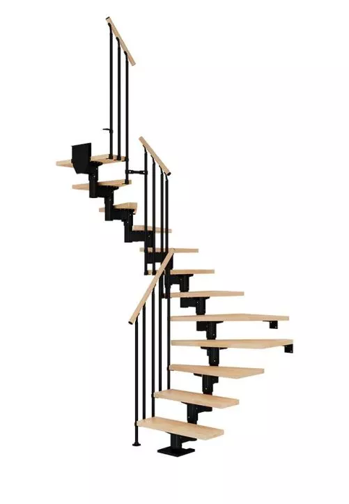 CORK stepenice u L-obliku – bukva i crna konstrukcija s ogradom CLASSIC III stepenice CORK u L-obliku s crnom čeličnom konstrukcijom, bukovim gazištima i klasičnom ogradom CLASSIC III s okomitim šipkama