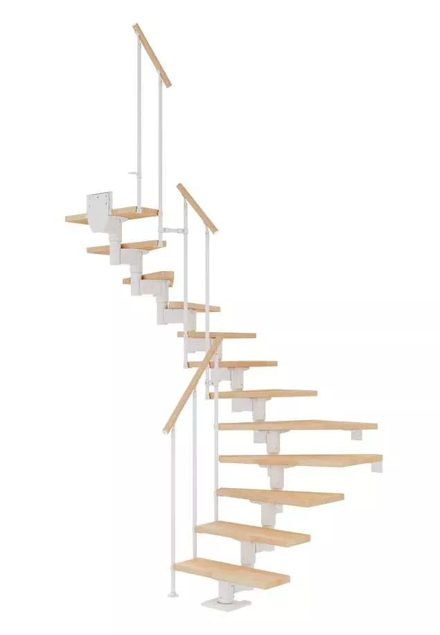 Cork stepenice u bijeloj izvedbi s bukvom i klasičnom ogradom Classic II štedne stepenice cork s bijelom konstrukcijom, polukružnim zakretom i bukovim gazištima, klasični stil ii