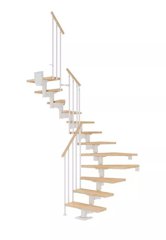 Polukružne bijele stepenice Cork s bukovim gazištima – Classic III štedne stepenice cork s bijelom konstrukcijom, polukružnim rasporedom i bukovim gazištima u klasičnom stilu lll