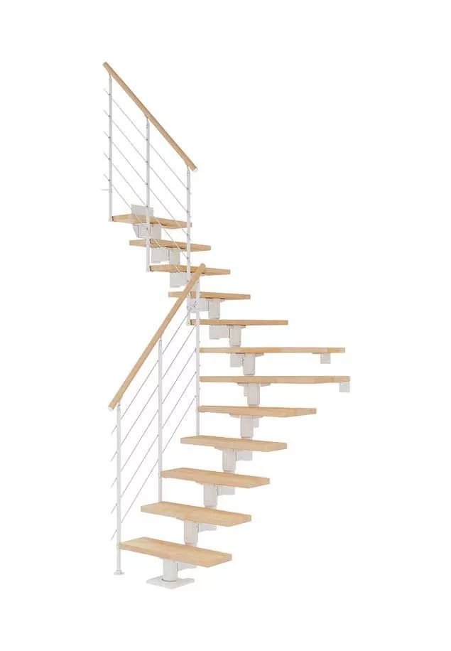 Bijele stepenice Cork s bukovim gazištima i modernom Style6 ogradom štedne stepenice cork bijele s polukružnim okretom i bukovim gazištima u stilu style6