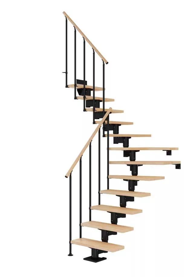 Cork stepenice s bukvom i crnom konstrukcijom – Classic II četvrtkružna izvedba štedne stepenice cork u četvrtkružnom obliku s crnom konstrukcijom, bukovim gazištima i klasičnom ogradom classic ii