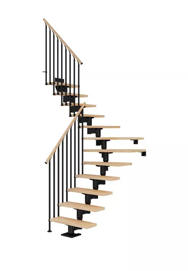 Cork stepenice s bukvom i crnom konstrukcijom – Classic III četvrtkružna izvedba štedne stepenice cork u četvrtkružnom obliku s crnom konstrukcijom, bukovim gazištima i klasičnom ogradom classic lll