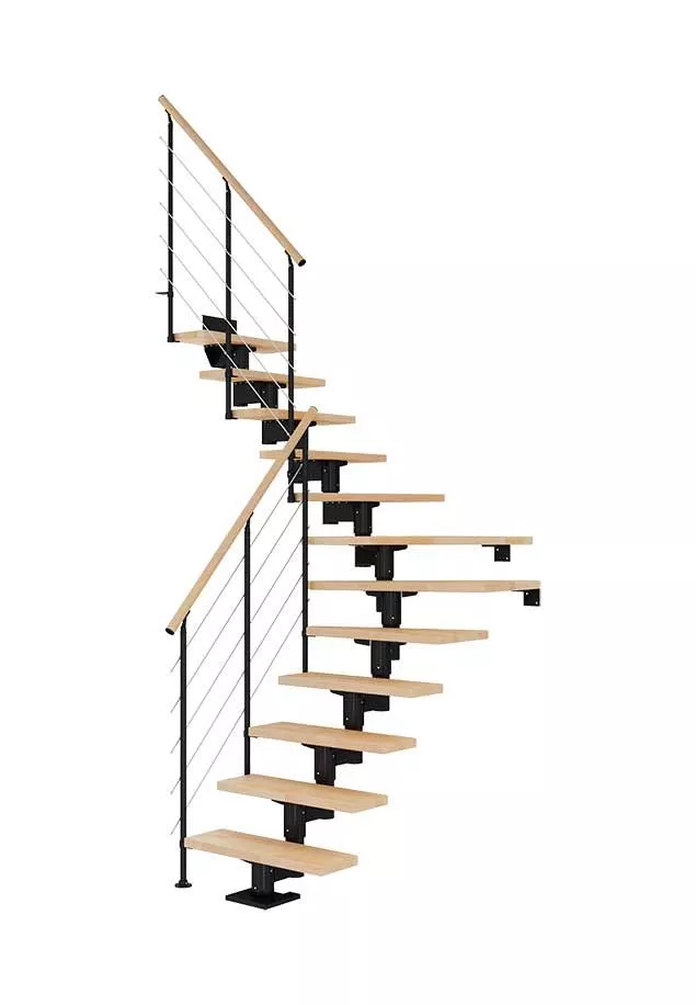 Cork stepenice s crno-bijelom konstrukcijom, bukvom i ogradom Style6 štedne stepenice cork s kombiniranom crno-bijelom konstrukcijom, četvrtkružnim zakretom, bukovim gazištima i ogradom style6