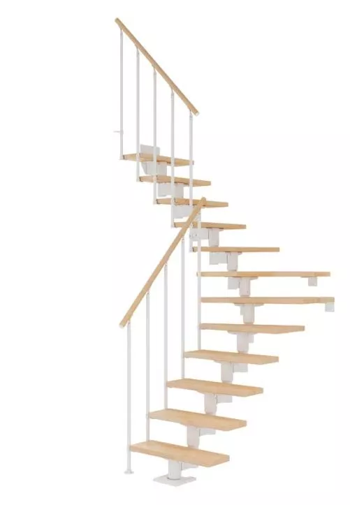 Cork stepenice u bijeloj izvedbi – četvrtkružni model s bukvom i ogradom Classic II štedne stepenice cork u četvrtkružnom obliku s bijelom konstrukcijom, bukovim gazištima i klasičnom ogradom classic ii