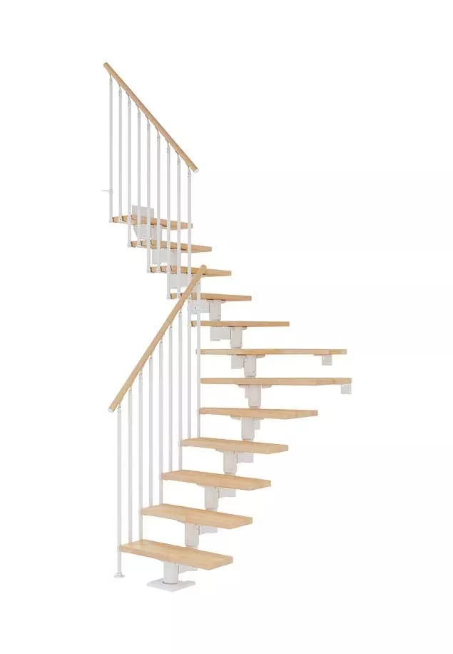 Cork stepenice u bijeloj izvedbi – četvrtkružni model s bukvom i ogradom Classic III štedne stepenice cork u četvrtkružnom obliku s bijelom konstrukcijom, bukovim gazištima i klasičnom ogradom classic lll