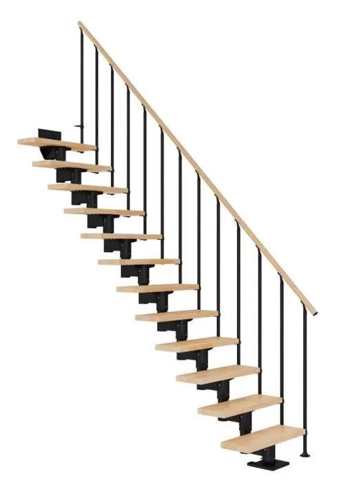 CORK CLASSIC II – funkcionalne stepenice od bukve s crnim ravnim okvirom CORK stepenice za uštedu prostora s ravnim tokom, bukovim gazištima i crnim metalnim okvirom model CLASSIC II