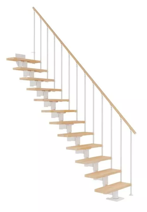 CORK CLASSIC II – elegantne stepenice s bukvom i bijelim okvirom u ravnom toku detalj ravnih stepenica CORK s bijelim metalnim okvirom i bukovim gazištima model CLASSIC II