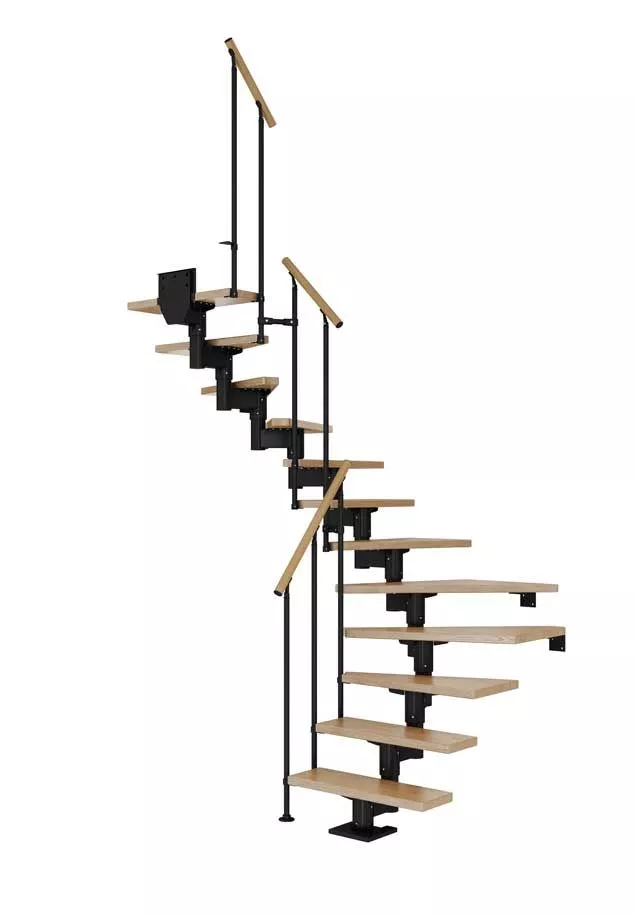 CORK stepenice u L obliku – hrast i crna izvedba s ogradom CLASSIC II stepenice CORK u L obliku s hrastovim gazištima, crnom konstrukcijom i ogradom CLASSIC II