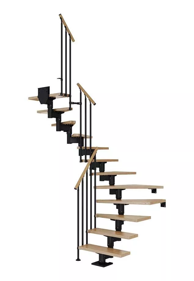 CORK stepenice u L obliku – hrast i crna izvedba s ogradom CLASSIC III stepenice CORK u L obliku s hrastovim gazištima, crnom konstrukcijom i ogradom CLASSIC III