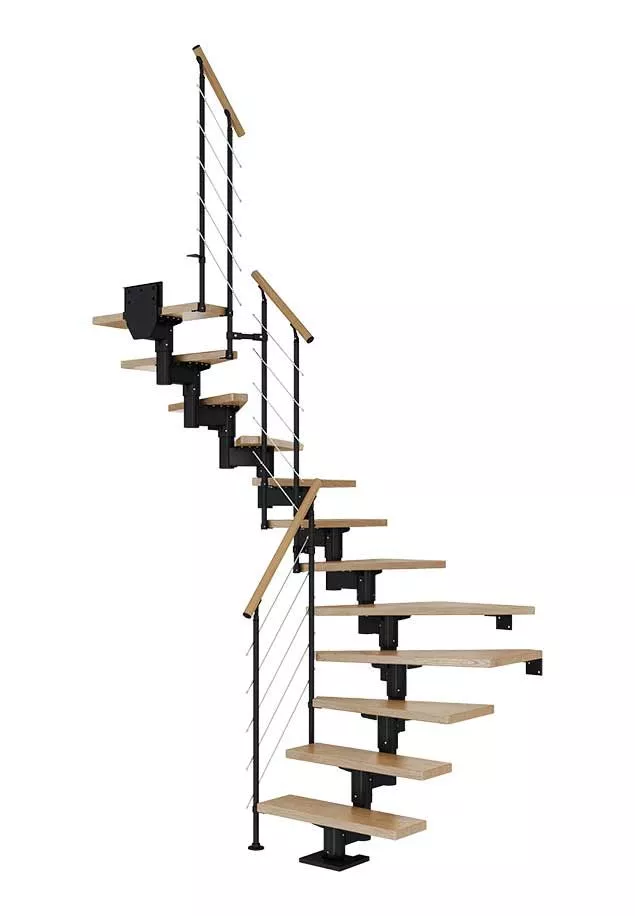 CORK stepenice u L obliku – hrast i crna izvedba s balustradom STYLE 6 stepenice CORK u L obliku s hrastovim gazištima, crnom konstrukcijom i balustradom STYLE 6