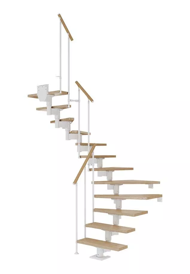 CORK stepenice u L obliku – hrast i bijela izvedba s ogradom CLASSIC II stepenice CORK u L obliku s hrastovim gazištima, bijelom konstrukcijom i ogradom CLASSIC II