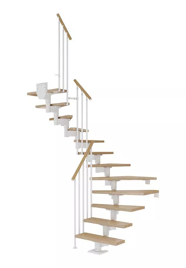 CORK stepenice u L obliku – hrast i bijela izvedba s ogradom CLASSIC III stepenice CORK u L obliku s hrastovim gazištima, bijelom konstrukcijom i ogradom CLASSIC III