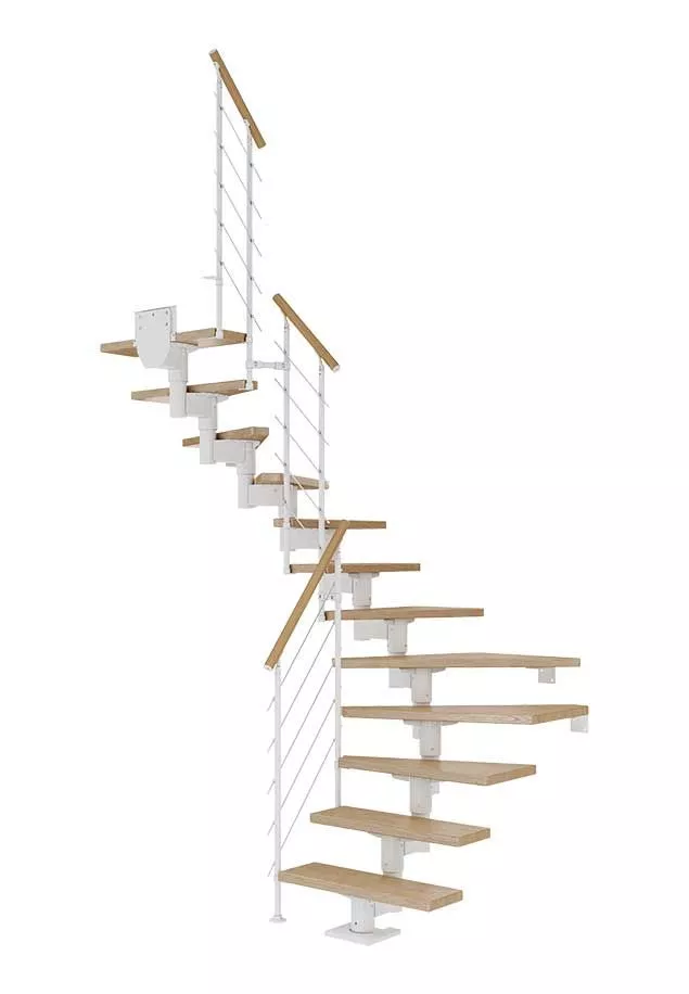 CORK stepenice u L obliku – hrast i bijela izvedba s balustradom STYLE 6 stepenice CORK u L obliku s hrastovim gazištima, bijelom konstrukcijom i balustradom STYLE 6