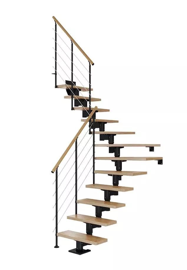 CORK stepenice u četvrtkružnom obliku – hrast i crna izvedba s balustradom STYLE 6 stepenice CORK u četvrtkružnom obliku s hrastovim gazištima, crnom konstrukcijom i balustradom STYLE 6