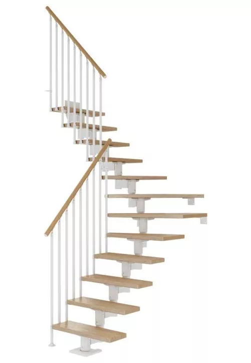 CORK – kompaktna forma u bijeloj i hrastu cork stubište s bijelom čeličnom konstrukcijom i hrastovim gazištima, klasična ograda s vodoravnim čeličnim sajlama i drvenim rukohvatom