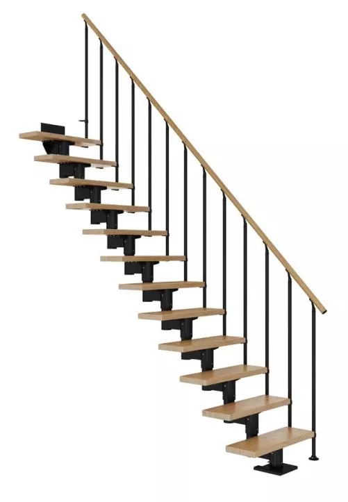 CORK ravne stepenice – hrast i crna izvedba s ogradom CLASSIC II ravne stepenice CORK s crnom čeličnom konstrukcijom, hrastovim gazištima i ogradom CLASSIC II s okomitim šipkama