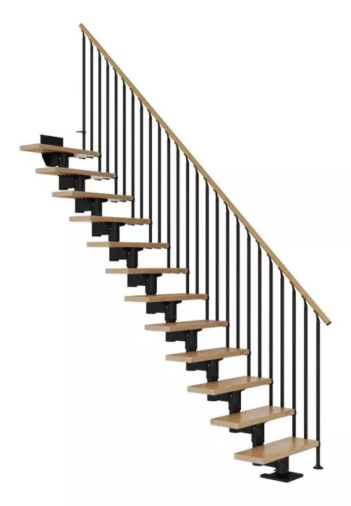 CORK ravne stepenice – hrast i crna izvedba s ogradom CLASSIC III ravne stepenice CORK s crnom čeličnom konstrukcijom, hrastovim gazištima i klasičnom ogradom CLASSIC III s okomitim šipkama
