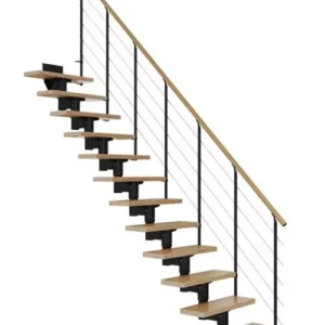 ravne stepenice CORK s crnom metalnom konstrukcijom, hrastovim gazištima i balustradom STYLE 6 s čeličnim sajlama