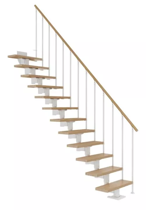 CORK ravne stepenice – bijela konstrukcija i hrast s ogradom CLASSIC II ravne stepenice CORK s bijelom čeličnom konstrukcijom, hrastovim gazištima i klasičnom ogradom CLASSIC II s okomitim šipkama