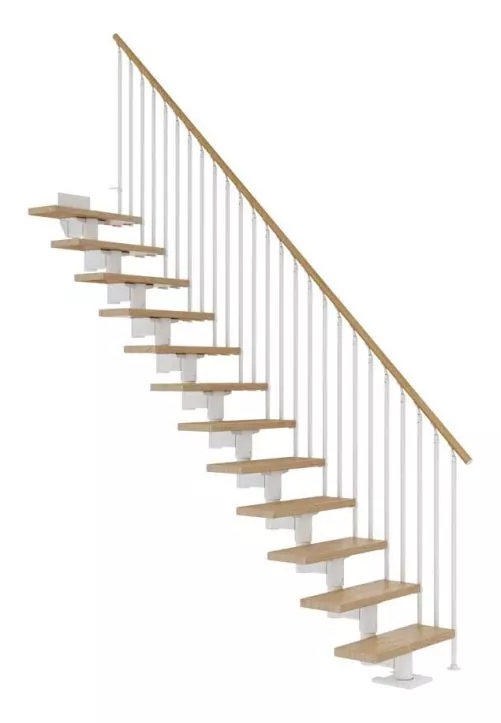 CORK ravne stepenice – bijela izvedba s hrastom i ogradom CLASSIC III ravne stepenice CORK s bijelom čeličnom konstrukcijom, hrastovim gazištima i klasičnom ogradom CLASSIC III s okomitim šipkama